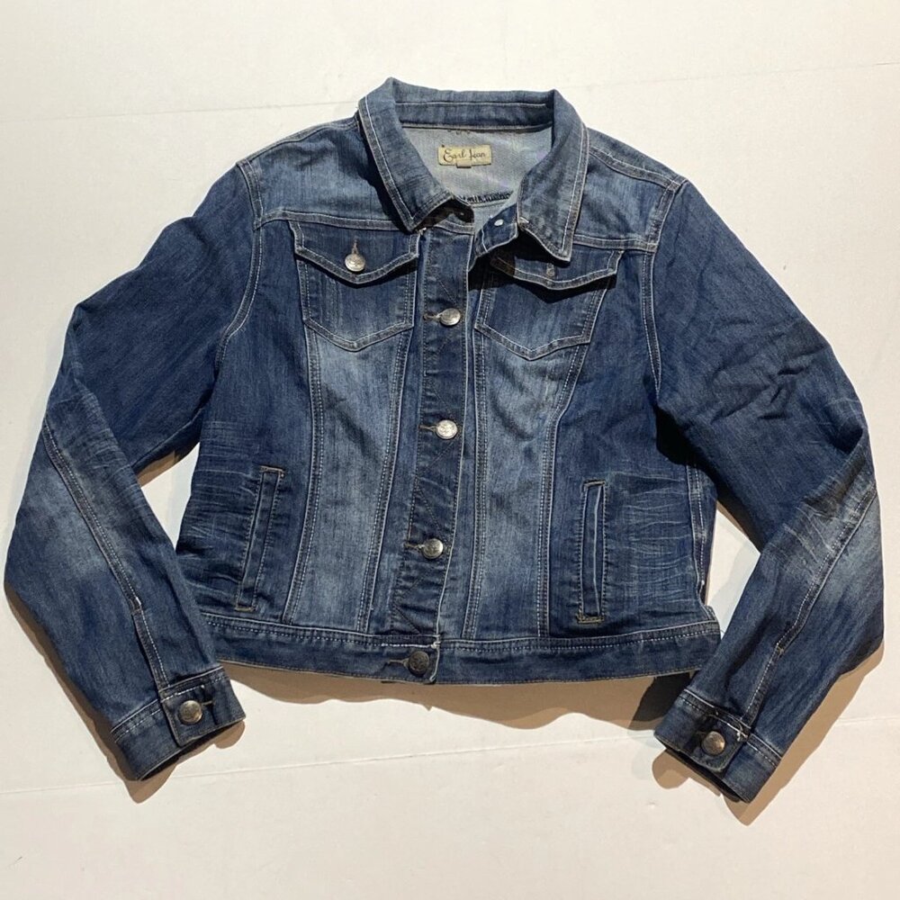 Earl Jeans Denim Jacket Fitted Dark Wash Jean Jacket Button Up L Large EUC